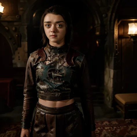 masterpiece, best quality, detailed face, arya stark, sexy dress, midriff, in a medieval room, looking at viewer, sexy smirk fac...