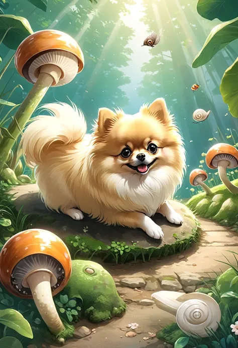 (best quality, highres:1.2), ultra-detailed, realistic:1.37, wide-angle shot, facing the camera, Beautiful Pomeranian resting on its front legs, sniffing a snail, anime:1.2, stunning high-resolution and sharp illustration