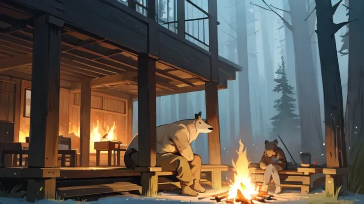 a male bear having sex with his rhino friend under a wooden bridge next to a campfire