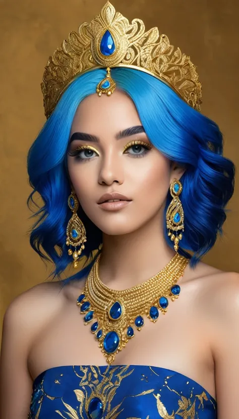 The image portrays a young woman with striking blue hair, adorned with a golden headpiece that features a large blue gemstone at the center. Her eyes, a matching shade of blue, are accentuated with gold eyeliner and complemented by gold earrings. She is we...