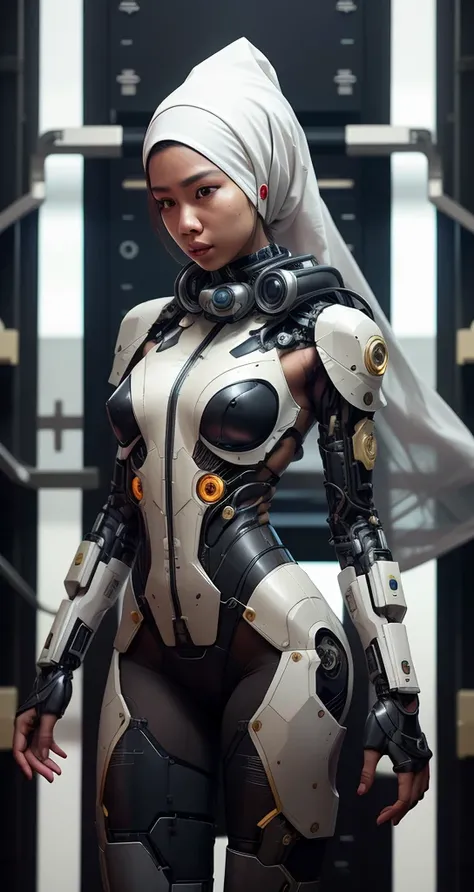 Imagine a Malay girl wearing a headscarf in a futuristic command center, Strategically coordinate the actions of her mech suit to respond to crises, Demonstrate her leadership and intelligence