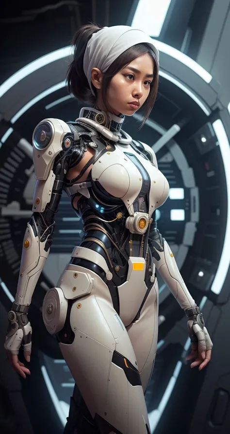 Imagine a Malay girl wearing a headscarf in a futuristic command center, Strategically coordinate the actions of her mech suit to respond to crises, Demonstrate her leadership and intelligence