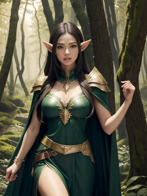 cute forest elf, Pretty face, Good shape, Black Hair, Wearing armor, Green Cape, in the forest, 8k, Very detailed, Surreal