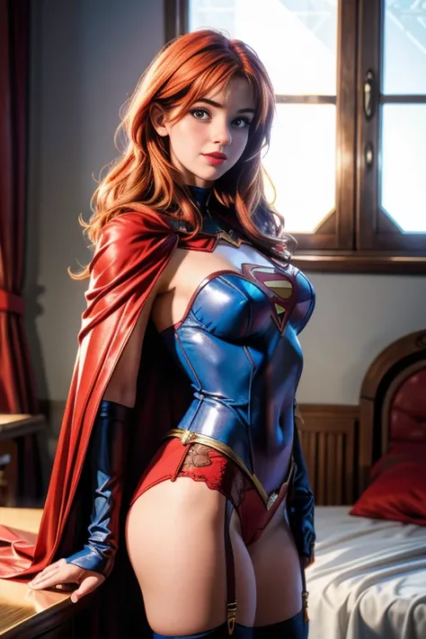 une femme de 25 ans, rousse, sexy, romantic smile, HD, 8k, masterpiece, a lot of details, superman cosplay, sexy, lingerie, cape