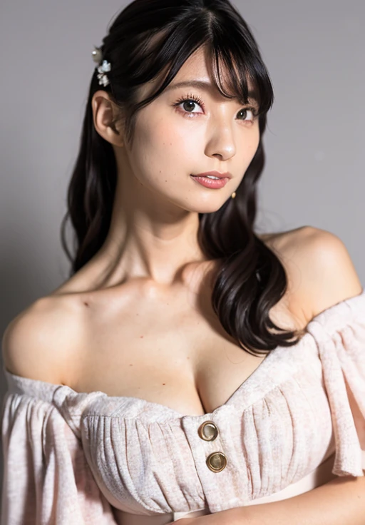 one girl,(off the shoulder,japan,medium hair black hair,  ),(rawphotograph, highest quality), (realistic, photo-realistic:1.4), ...