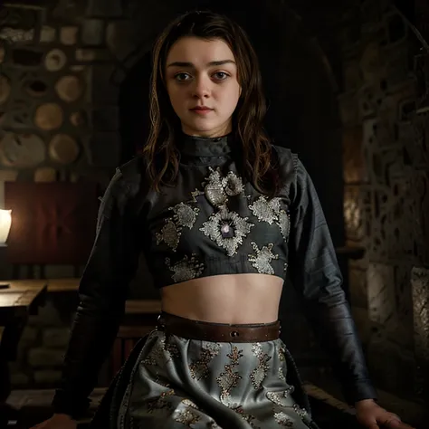 masterpiece, best quality, detailed face, arya stark, sexy dress, midriff, in a medieval room, looking at viewer, sexy smirk fac...