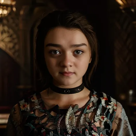 masterpiece, best quality, detailed face, arya stark, sexy dress, in a medieval room, looking at viewer, sexy smirk face