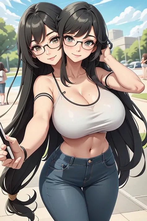 2heads, a tall thin woman with 2 heads. She has big breasts. She is outside at the park. She is wearing a band T-shirt. She is wearing jeans. She is wearing thick glasses. She has long black curly hair. She looks mature. She has big perky breasts. She is e...