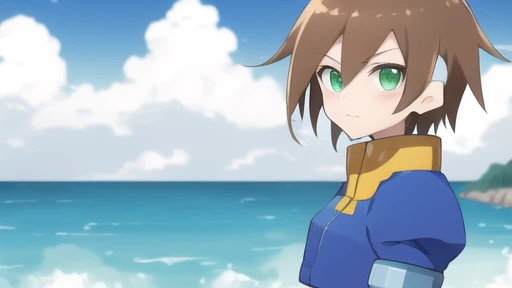 Aile_megamanzx, 1 girl, looking at viewer, Brown hair, green eyes , sea background 