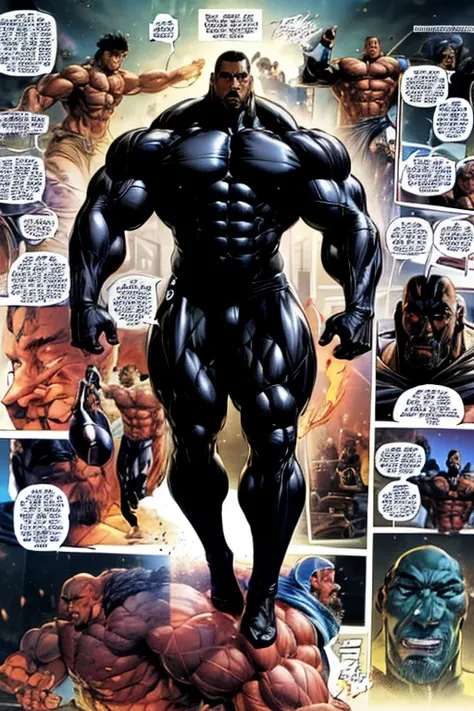 A fantasy gay sex world A black man with a hyper muscular body full black body a black man with a hairy, hypermuscular body with giant arms, muscular legs, full body, big breasts huge breasts huge asses bodybuilder only one man in the image a hairy man bla...