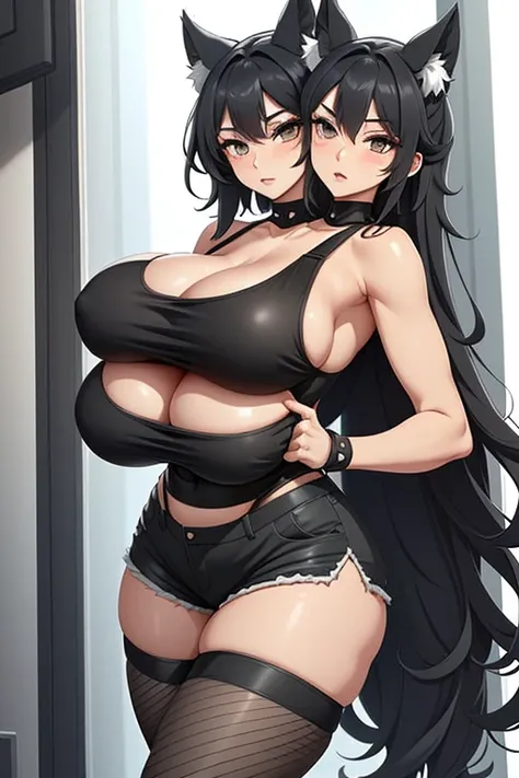 2heads, a tall thin woman with 2 heads. She has enormous breasts. She is in a bedroom with a window. She is wearing a black tank top and shorts. She is wearing fishnet leggings. Goth. She has short black curly hair. She looks young. She has gigantic breast...