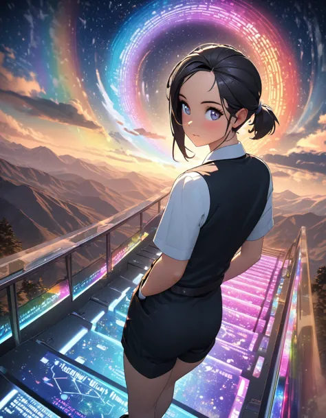 hojo tsukasa manga style，a girl, single ponytail, black hair, forehead, hotel waiter uniform, nylon shorts, flat boots, mountain...