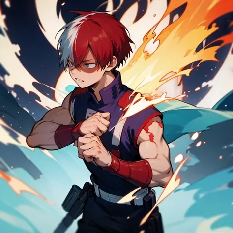 todoroki, using his quirk: fire and ice, in his costume,