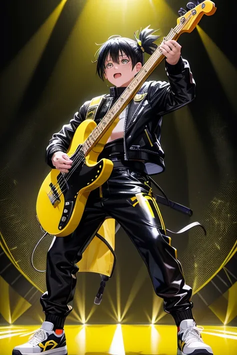 Rody Soul My Hero Academia bad boy pop Star rock clothing black jacket with yellow rays black latex pants black tennis shoes with yellow rays print holding a yellow and black electric bass while singing in a background of a stage with multiple musical note...