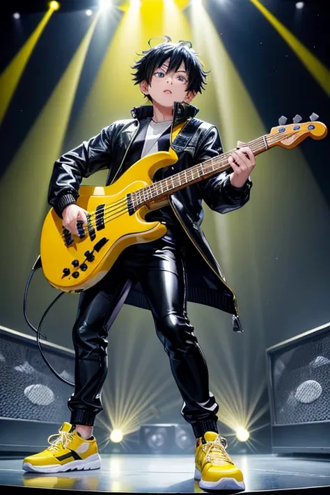 Rody Soul My Hero Academia bad boy pop Star rock clothing black jacket with yellow rays black latex pants black tennis shoes with yellow rays print holding a yellow and black electric bass while singing in a background of a stage with multiple musical note...