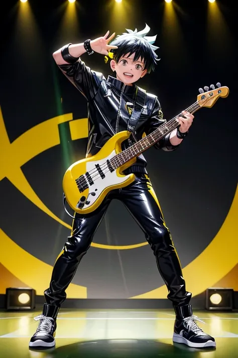 Rody Soul My Hero Academia bad boy pop Star rock clothing black jacket with yellow rays black latex pants black tennis shoes with yellow rays print holding a yellow and black electric bass while singing in a background of a stage with multiple musical note...