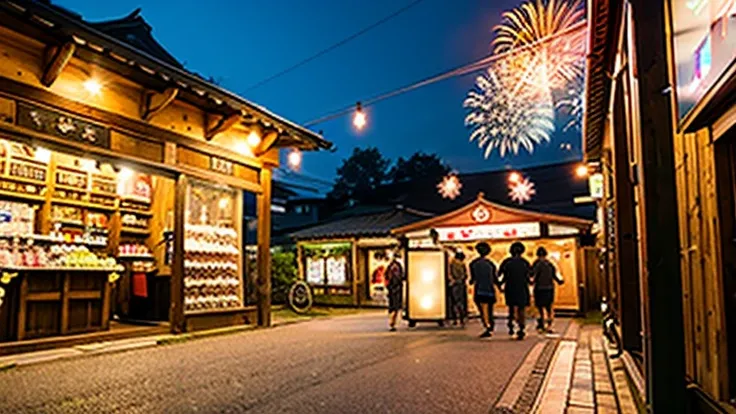 Countryside summer festival、Gion Festival、Opening a store、stall、firework、The kids、