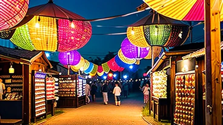 Countryside summer festival、Gion Festival、Opening a store、stall、firework、The kids、