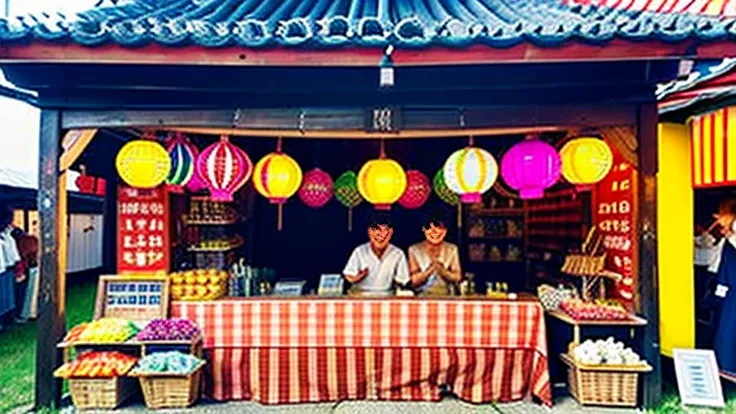 Countryside summer festival、Gion Festival、Opening a store、stall、firework、The kids、