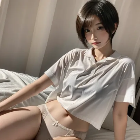 One Woman、short hair、cute、Straight Hair、whole body、Small breasts、Thighs、Hotel、On the bed、OL、Wearing a shirt that shows through your underwear