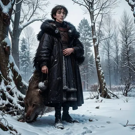 bran stark standing cold and rigid in a windy weather full of snow. he is found inside the giant tree full of roots, around him ...