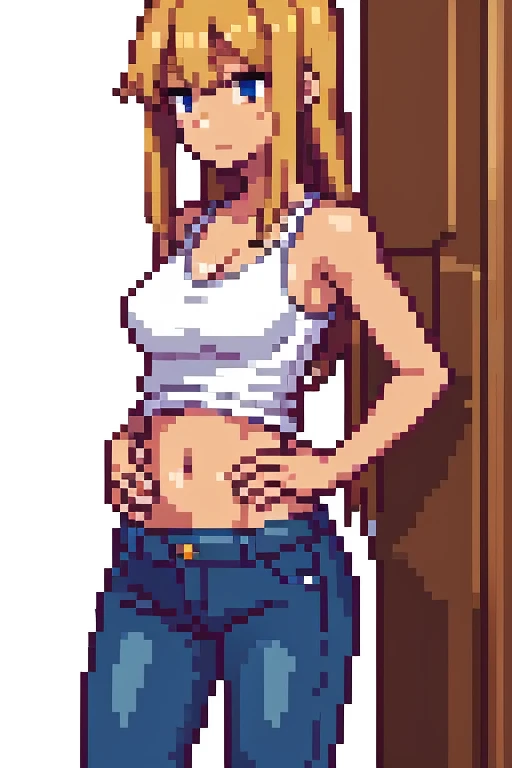 ((best quality)), ((masterpiece)), (detailed), perfect face, tan skin anime girl in a deep V Neck top, (bare shoulders), (jeans trousers), famished in hunger, (gently resting hands on stomach), (long hair), (hands on her stomach), (embarrassed expression)