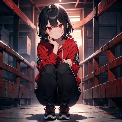 Short messy black hair, red eyes, 5’11”, red glyphs, black hoodie, jeans, black shoes, male