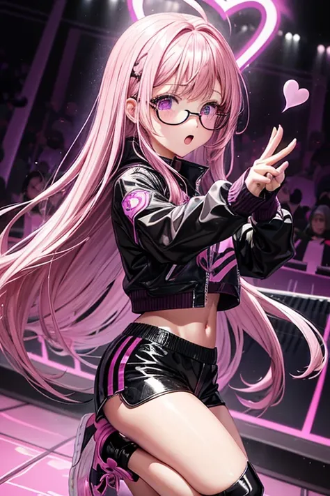 Melissa Shield my hero academy is a young girl with pink hair with purple long loose hair with pink heart-shaped glasses pop star rock clothing black jacket with pink hearts black latex pants black tennis shoes with pink heart print holding an electronic p...