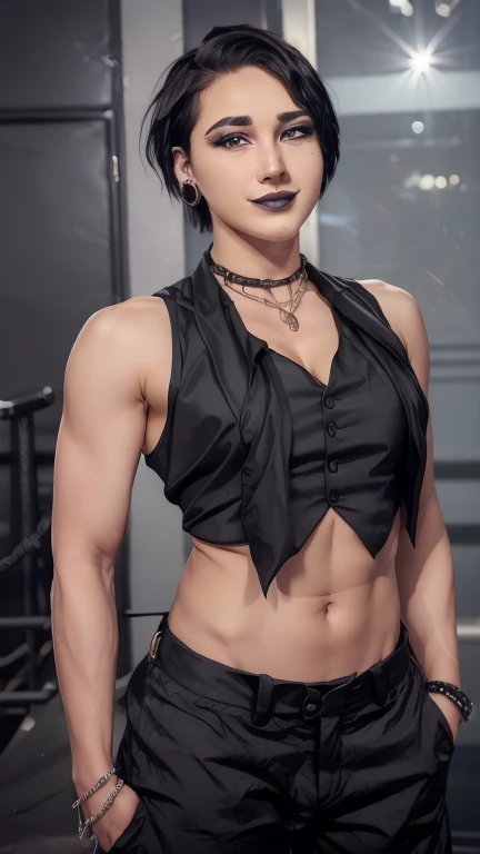  1girl, realistic, solo, pefrect face, perfect, rhea riplay, black pants, black vest, black tank top, full body, black color hair, short hair, muscle body, smiling, under view 