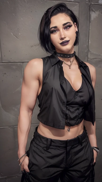  1girl, realistic, solo, pefrect face, perfect, rhea riplay, black pants, black vest, black tank top, full body, black color hair, short hair, muscle body, smiling, under view 