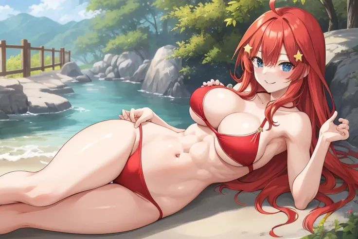 2d, masterpiece, best quality, anime, highly detailed, 5 girl, photo of 5 girl, quintuplets, nakano itsuki, red hair, long hair, star hair ornament, ahoge, large breasts, spa, red bikini, outdoors, smile, sexy body, perfect body, abs muscular, belly button...