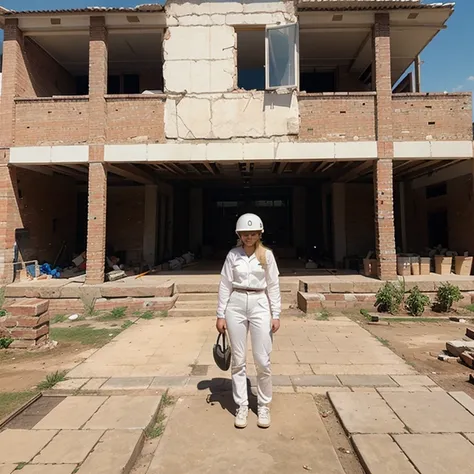 a panoramic image of a blonde woman in a white helmet in front of a brick house being built 