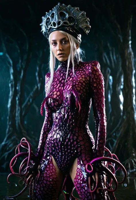 8K, ARTISTIC photogrAphy, best quAlity, mAsterpiece: 1.2), A (potrAit:1.2) witch Cthulhu soldier, FUCSIA-BLACK many octopus style tentacles, full body RAW candid cinema, white hair, 16mm, color graded portra 400 film, remarkable color, ultra realistic, sad...