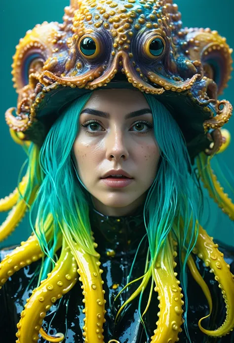 8K, ARTISTIC photogrAphy, best quAlity, mAsterpiece: 1.2), A (potrAit:1.2)  witch  Cthulhu  SAINT, YELLOW-BLACK many octopus style tentacles, full body RAW candid cinema, cyAN hair, 16mm, color graded portra 400 film, remarkable color, ultra realistic, sad...