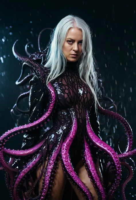 8K, ARTISTIC photogrAphy, best quAlity, mAsterpiece: 1.2), A (potrAit:1.2) witch Cthulhu soldier, FUCSIA-BLACK many octopus style tentacles, full body RAW candid cinema, white hair, 16mm, color graded portra 400 film, remarkable color, ultra realistic, sad...