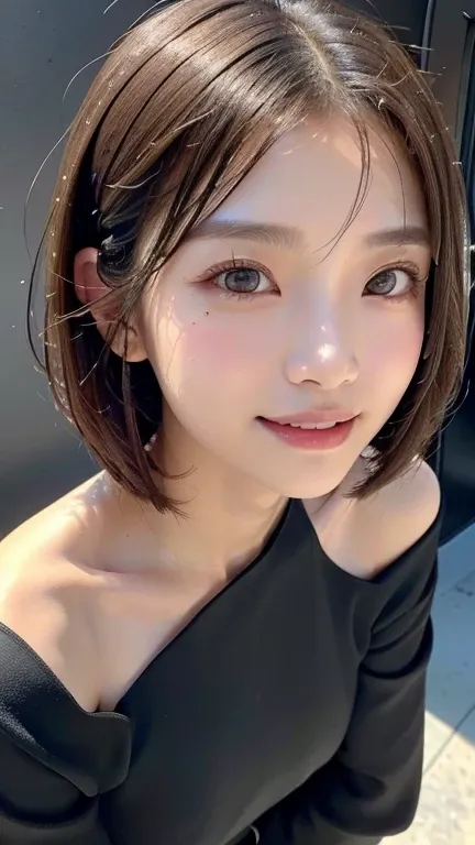 (((Close-up of face)))、(((Absolutely shoulder-length brown straight short bob)))、(((She is posing like a hair salon model, with a black wall indoors as the background.)))、(((Casual black winter long sleeve outfit)))、Half Japanese, half Korean、18 year old g...