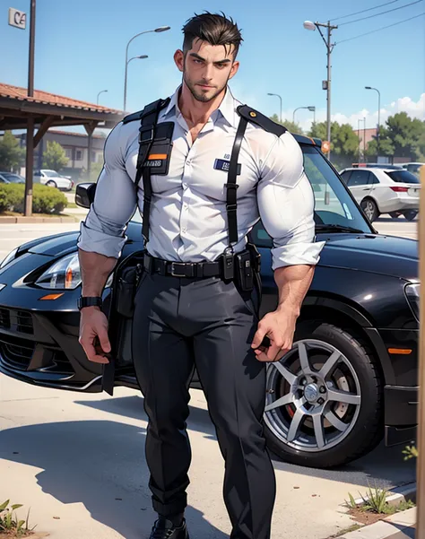 An imposing european man standed walking, the man is in police tactical uniform, handling a Desert Eagle, natural alluring eyes, flush face, captivating look, big feet, black socks, full body , slim waist, large bulge, long legs, looking at front, 30 years...