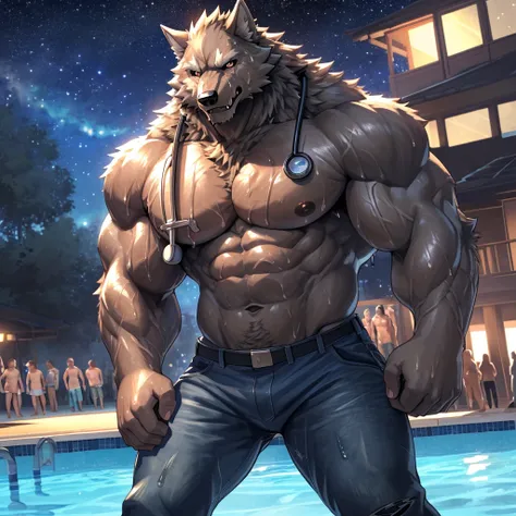 (highest quality:1.2), (masterpiece:1.2), anime, ultra detailed, angle from bottom, standing over viewer
, (Black and brown wolf:1.3), great physique,Strong arms, manly, bodybuilder, (Fine veins:1.5), (shine body:1.5)
, (Excessive sweating:1.7), (Sweat all...