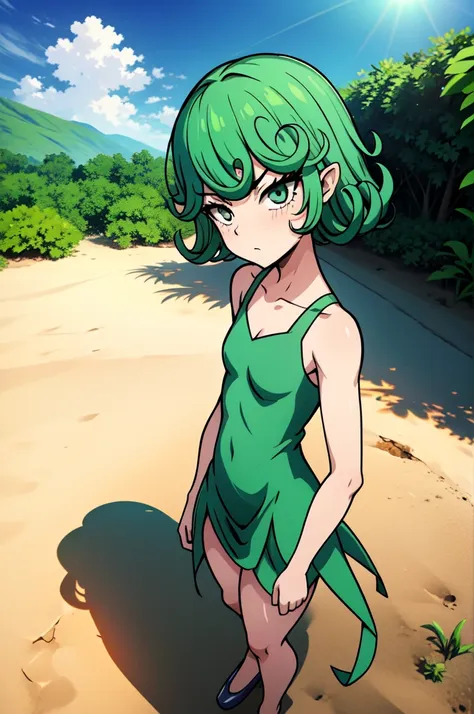 absurdres, highres, ultra detailed, tatsumakitornado, short green hair, curly hair, sun dress,outdoors, green eyes ,full body ,l...