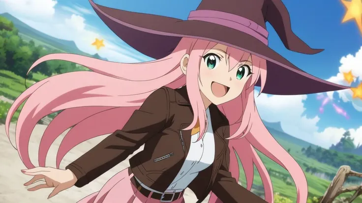 Woman,smile,happy,Witch,female,beauty,Pink hair(long hair),dark green eyes,leather jacket,belt,school uniform(white),witch hat,pink skirt,fantasy,anime style,konosuba style