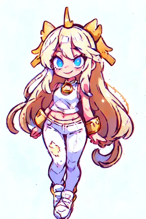 1girl, long white hair, gold unicorn horn, blue eyes, smiling, gold locket, white tank top, white leather pants, white sneakers,...