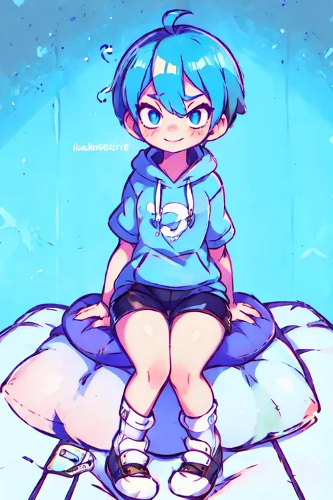 1boy, light blue hair, blushing, blue eyes, sitting on bed, blue hoodie, white socks, non shoes, black shorts, light smile,