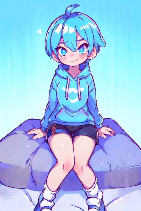 1boy, light blue hair, blushing, blue eyes, sitting on bed, blue hoodie, white socks, non shoes, black shorts, light smile,