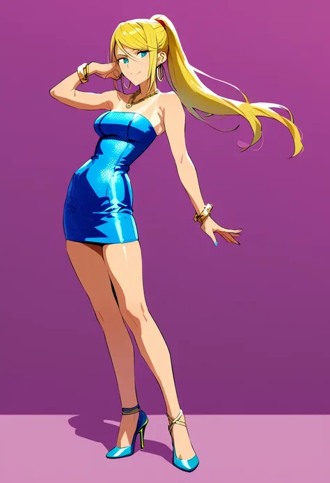 score_9,score_8_up,score_7_up,score_6_up, takeda hiromitsu style,1girl, sole_female, tanned, tanlines, pink bodycon dress, blue bodycon dress, sequins, strapless_dress, confident_pose, standing, intricate_face, intricate_eyes, smile, saggy_breasts, slender...