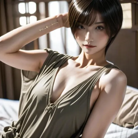 One Woman、short hair、cute、Straight Hair、whole body、Small breasts、bed、Buckshot、Sexy pose