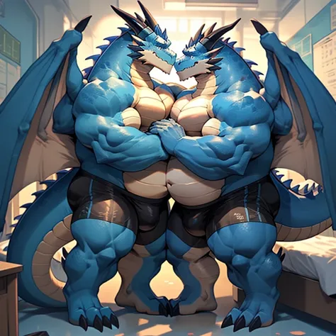 2 muscular blue dragon wearing black tight underwear with a big gut, big pecs, big musclar arms, large legs and big ass hugging and kissing like a loving couple, they crushed an other dragon with their bellies against a bed in a school bedroom