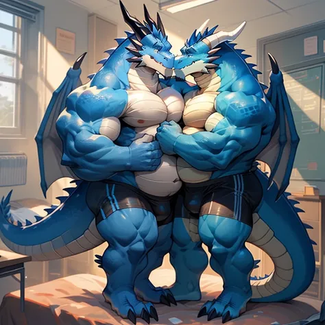 2 muscular blue dragon wearing black tight underwear with a big gut, big pecs, big musclar arms, large legs and big ass hugging and kissing like a loving couple, they crushed an other dragon with their bellies against a bed in a school bedroom