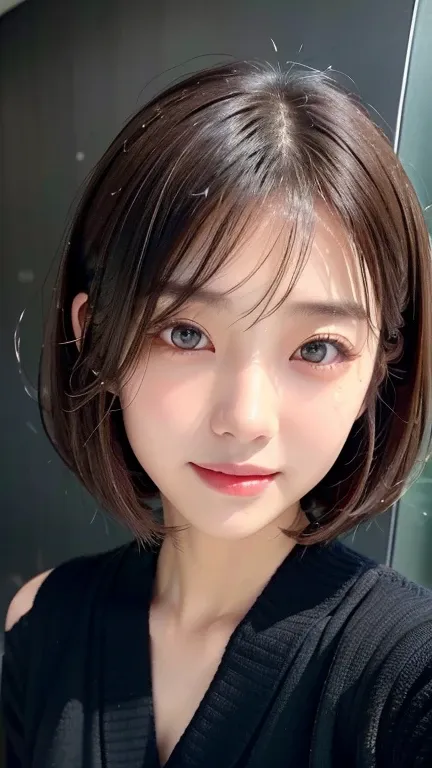 (((close-up of face)))、(((absolutely shoulder-length brown straight short bob)))、(((she is posing like a hair salon model, with ...