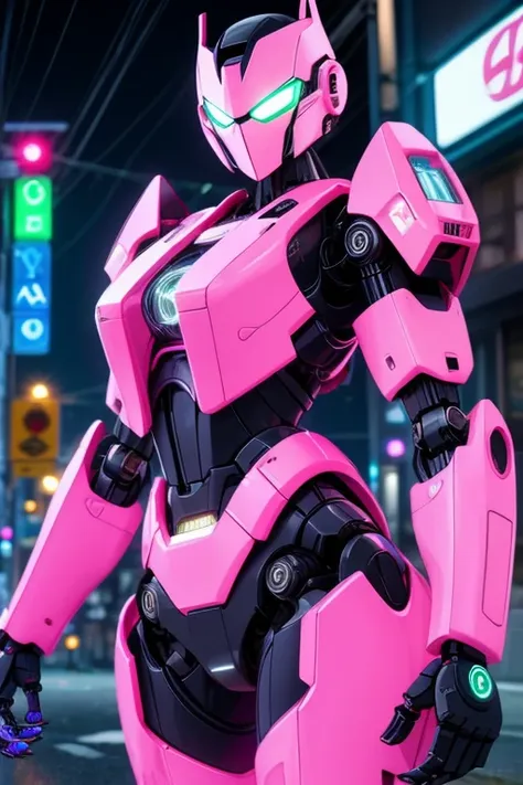 a female transformer with a pink and white color scheme and holographic accents ready to do a data transfer in street wet city r...