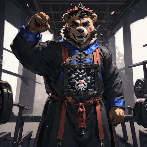 human nature, cannon, male, solitary, ((Round Face, thick beard)), ((Handsome)), (jiangshicostume:1.8), ((Brown Bear) Fluffy fur, Fluffy), (At the gym)，blood-red eyes, fangs, razor-sharpteeth, long fingernails, nail polish,open mouth,high quality，Bokeh, (h...